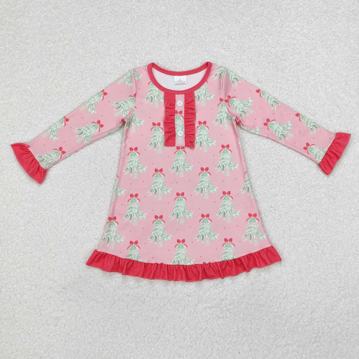 GLD0636 Christmas tree bow red long sleeve girls dress