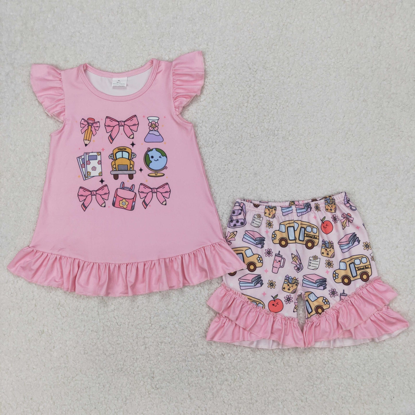 GSSO1910 back to school pen bus bows pink flutter sleeve ruffles shorts girls set