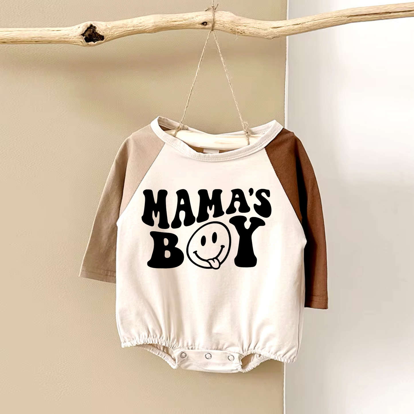 custom moq 3 mama's boy smile brown long sleeve baby romper