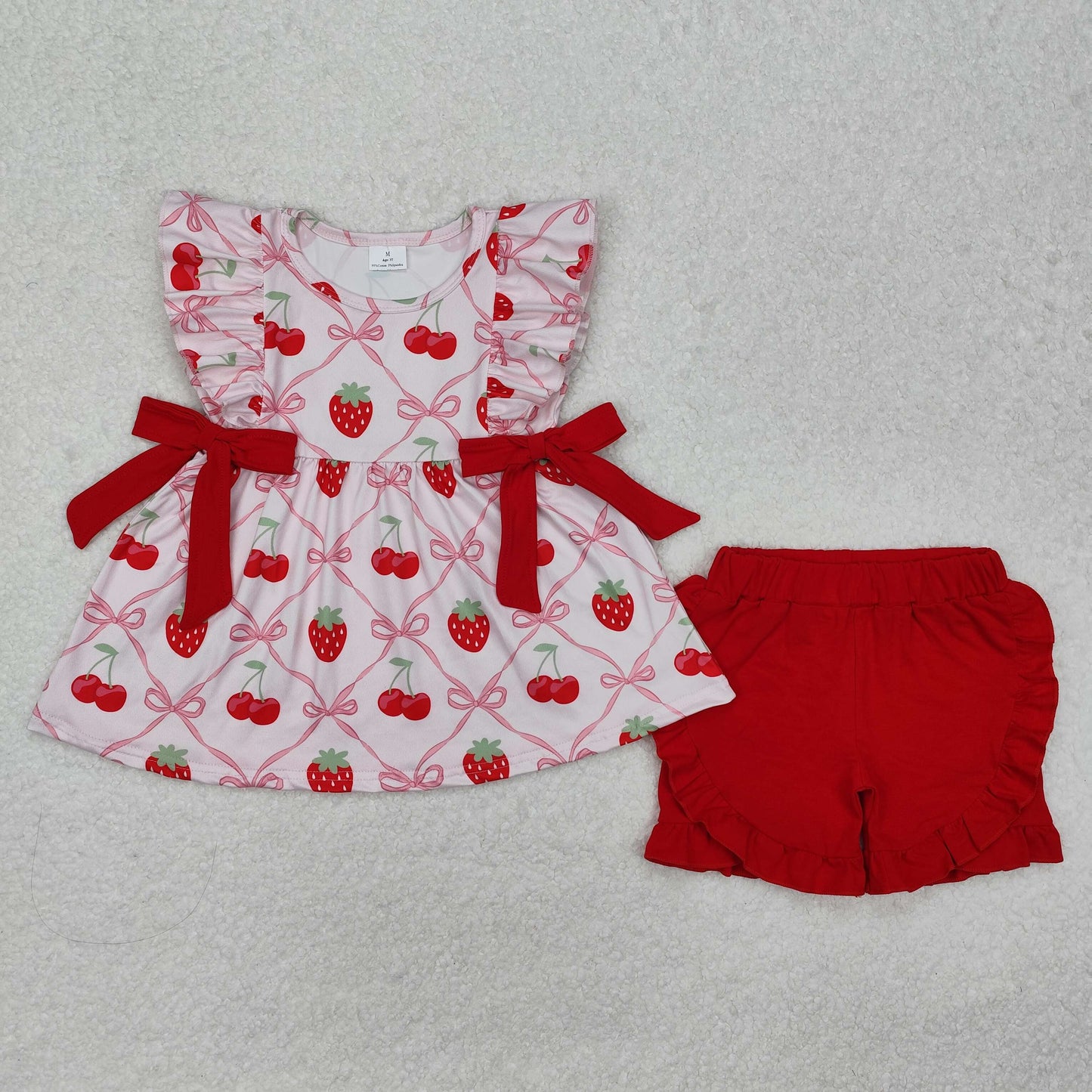 GSSO1640 cute strawberry red bows berry flutter sleeve red shorts girls set
