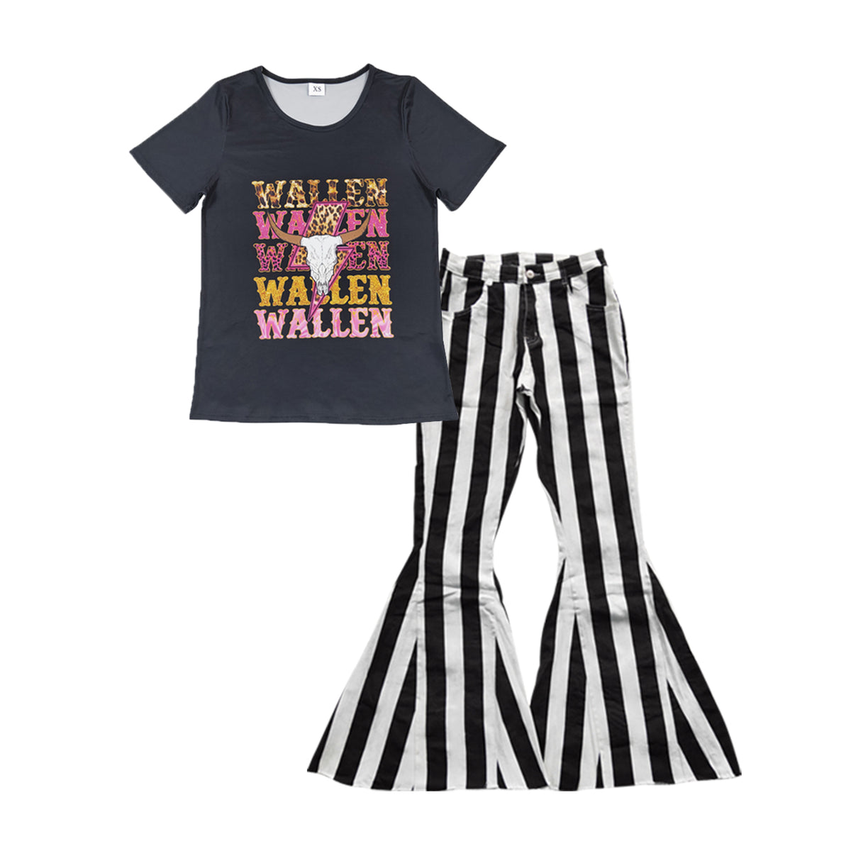 Wallen cow black short sleeve top black striped denim pants adult set