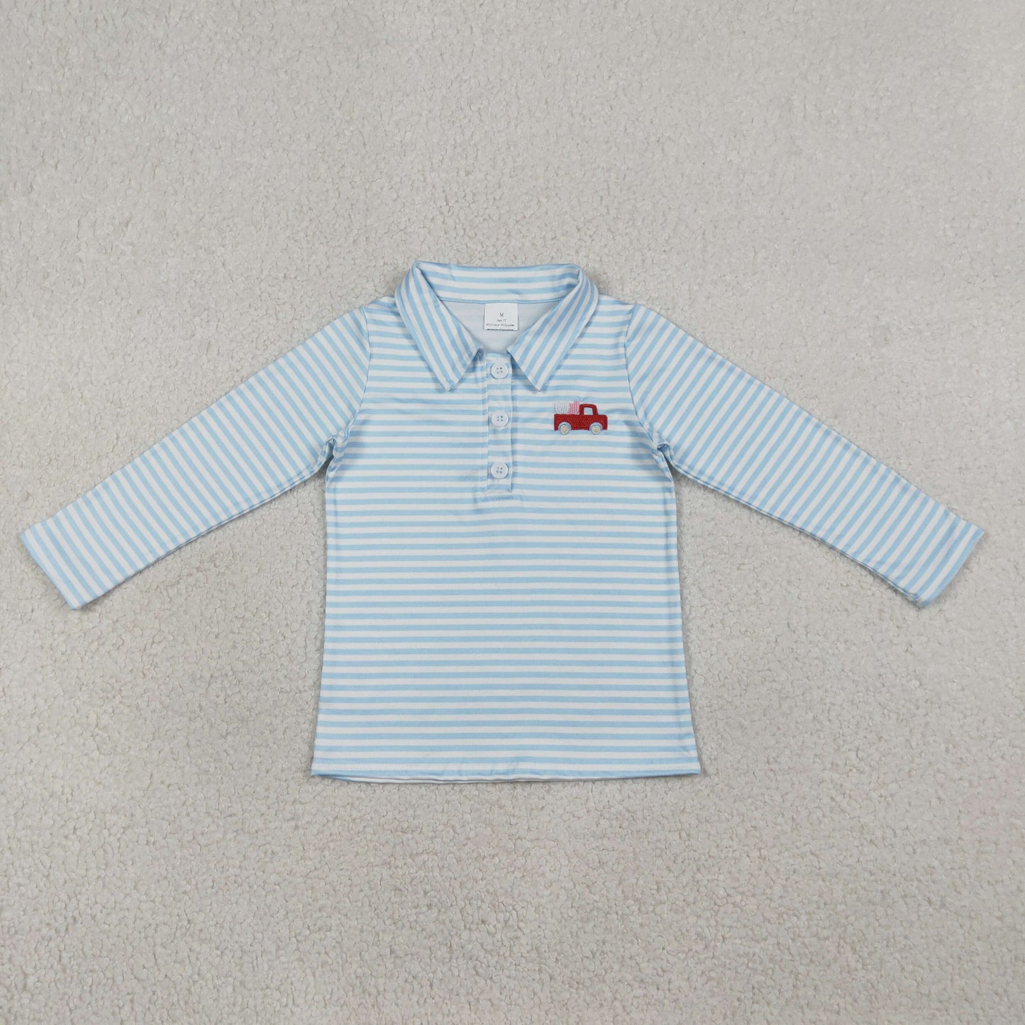 BT1573 Embroidery Truck Blue Striped Long Sleeve Boys Top