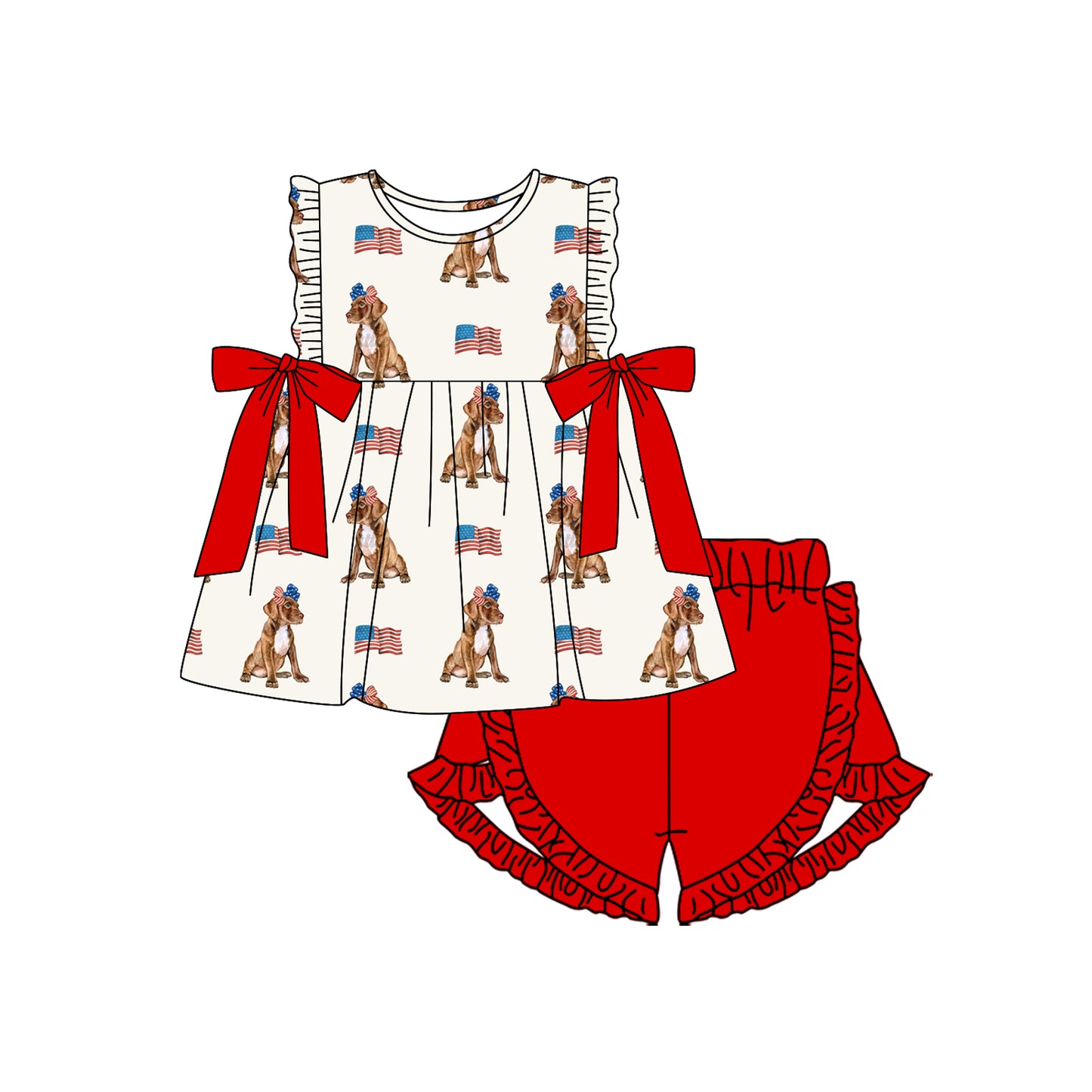 preorder GSSO2560 July 4th flag dog with bows sleeveless red shorts girls set