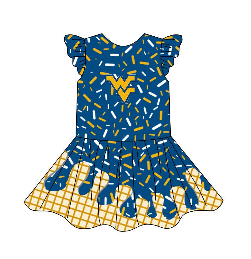 Custom Moq 5 Football Team WV blue ice printing flutter sleeve girls dress