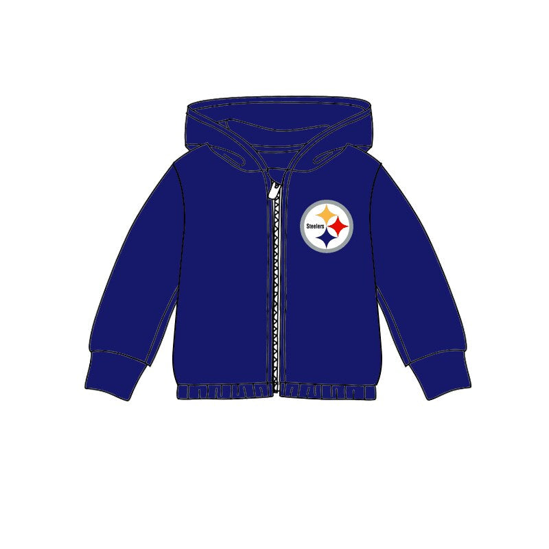 custom moq 3 football item Steelers navy blue long sleeve zipper hoodie kids coat