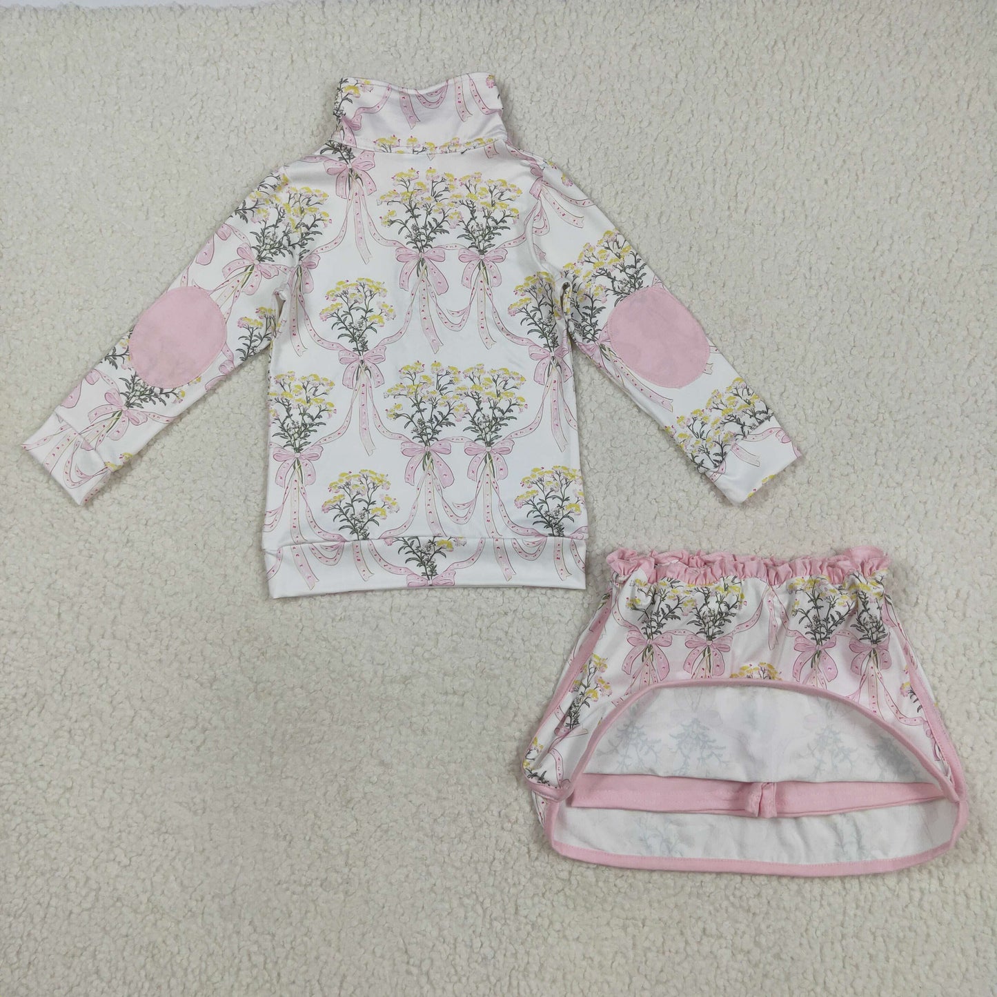 GLD1078 yellow flowers pink bows long sleeve zipper skirt with shorts girls set
