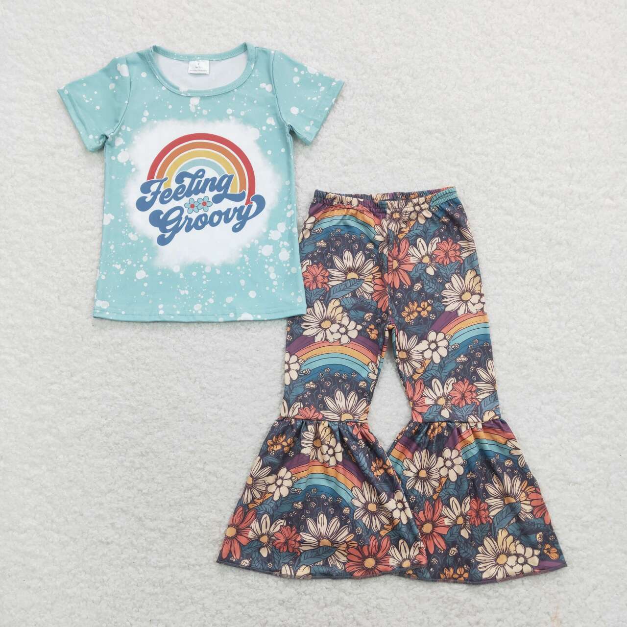 GSPO1270 Feeling Groovy Rainbow Blue Short Sleeve Colorful Flowers Pants Girls Set