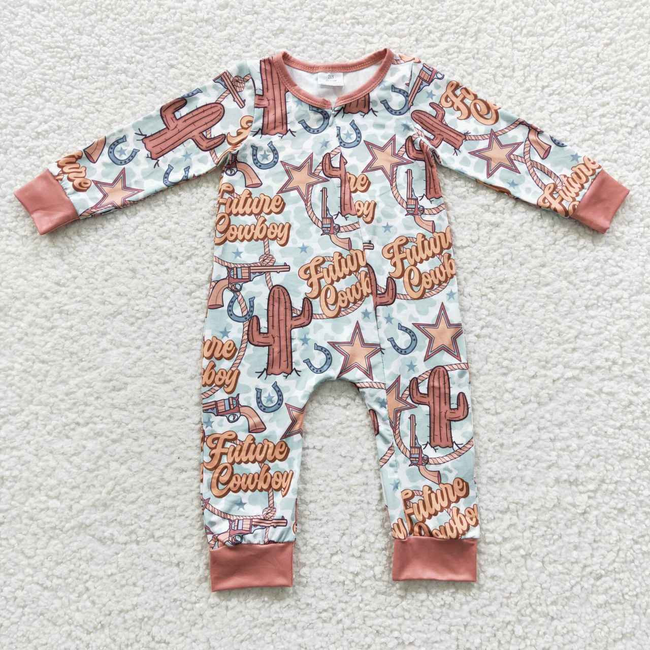 LR0307 Western Future Cowboy Cactus Long Sleeve Kids Romper
