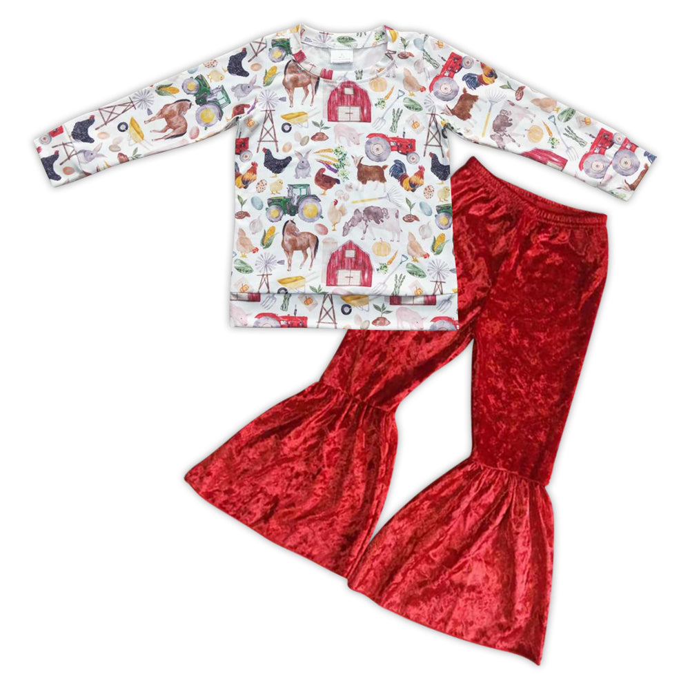 GLP0792 Farm animals house top green red velvet pants pants girls set
