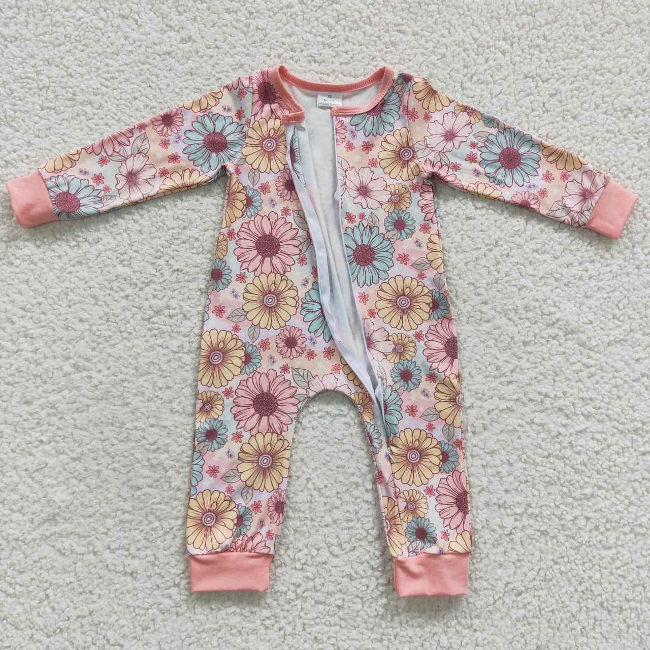LR0301 Colorful Flowers Pink Long Sleeves Kids Romper