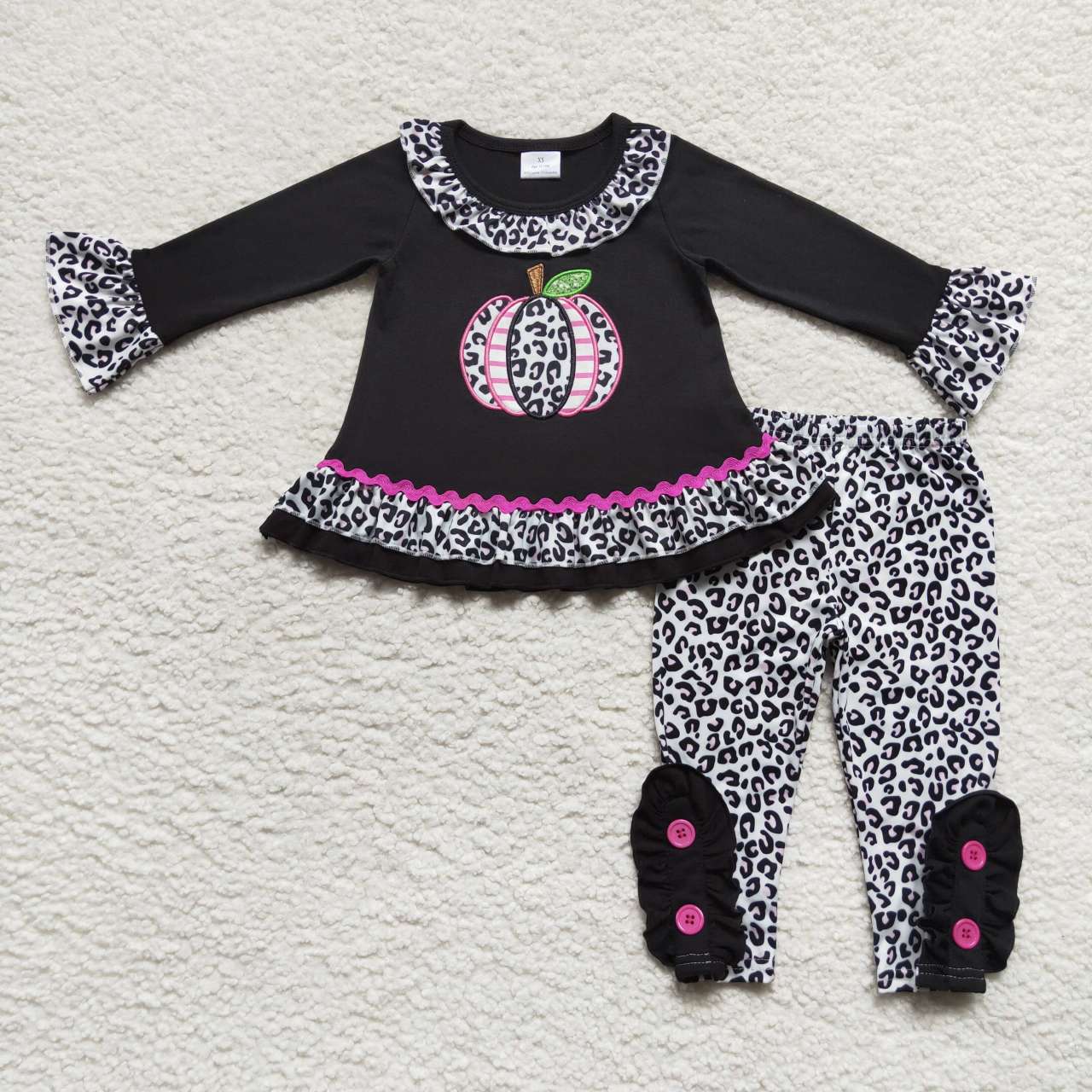 GLP0717 Leopard pumpkin black long sleeve pants girls set