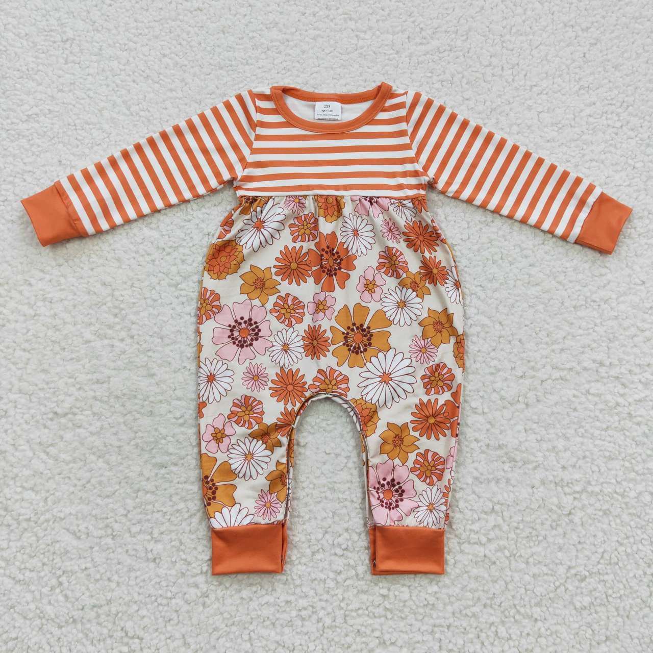 LR0323 Orange striped flowers long sleeve girls romper