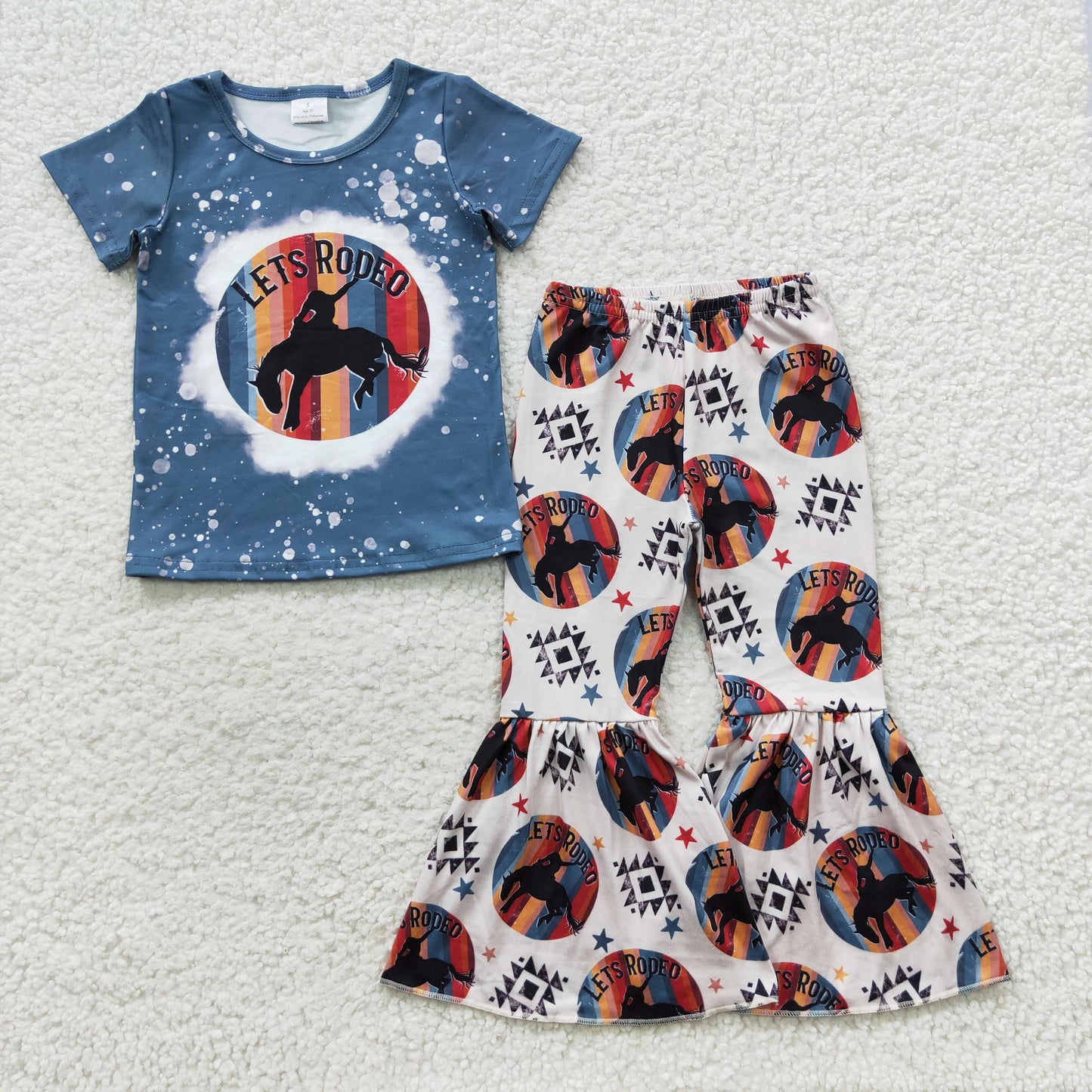 GSPO0671 Western Lets rodeo blue short sleeve pants girls set kids clothes