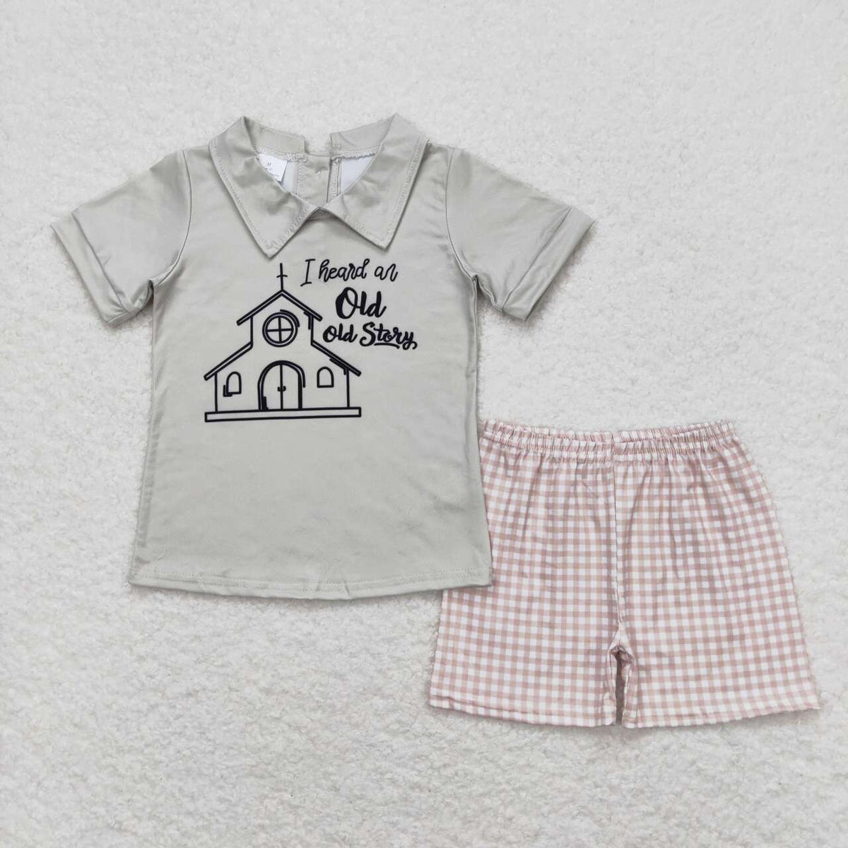 BSSO0742 old story house short sleeve khaki checkered shorts boys set