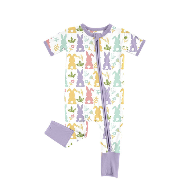 custom moq 5 Easter colorful bunny rabbit flowers purple zipper short sleeve girls romper