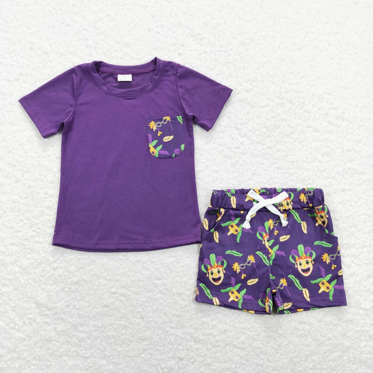 BSSO0467 Mardi Gras Cartoon Purple Short Sleeve Shorts Boys Set