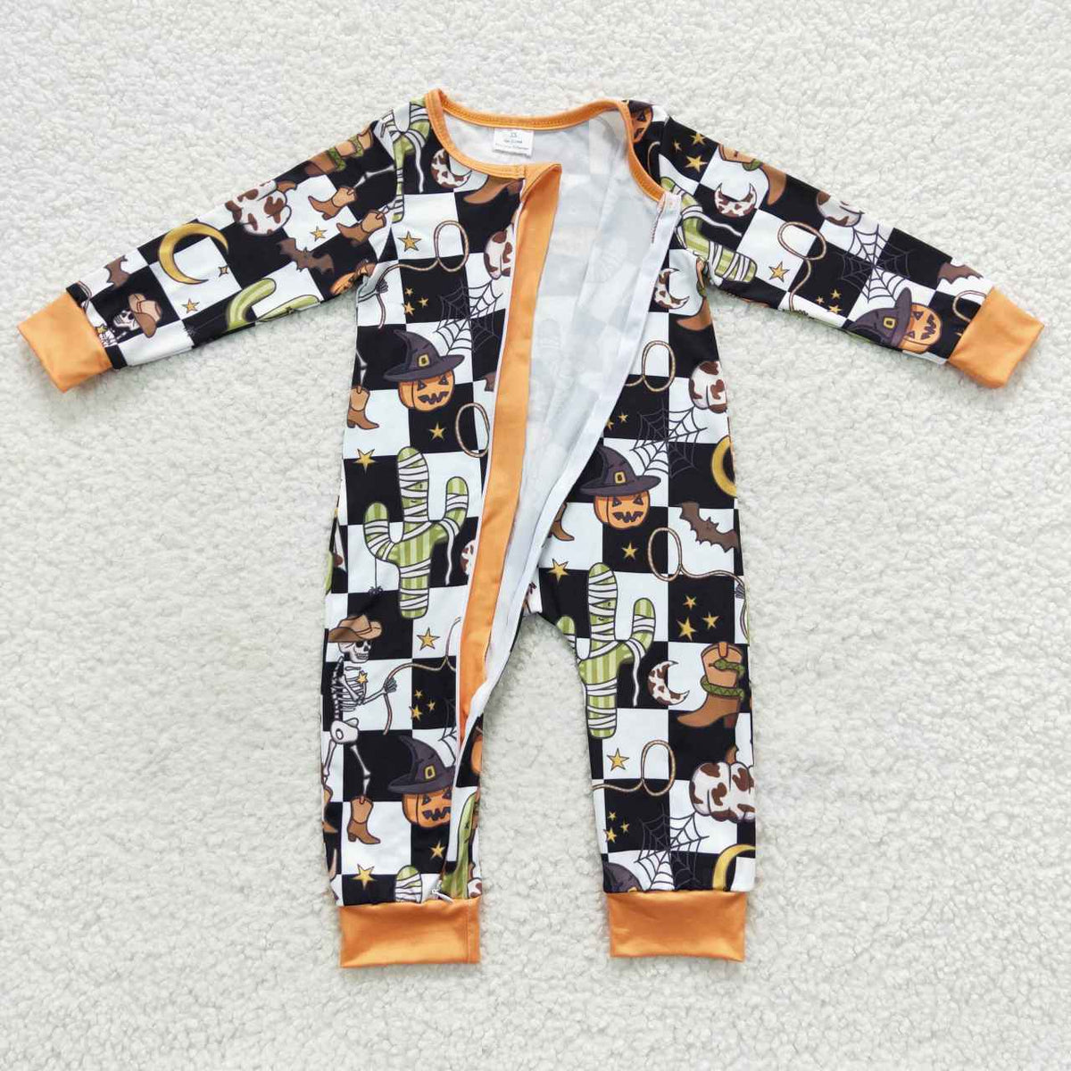 LR0404 Halloween Pumpkin Skull Black Plaid Print Long Sleeves Kids Romper