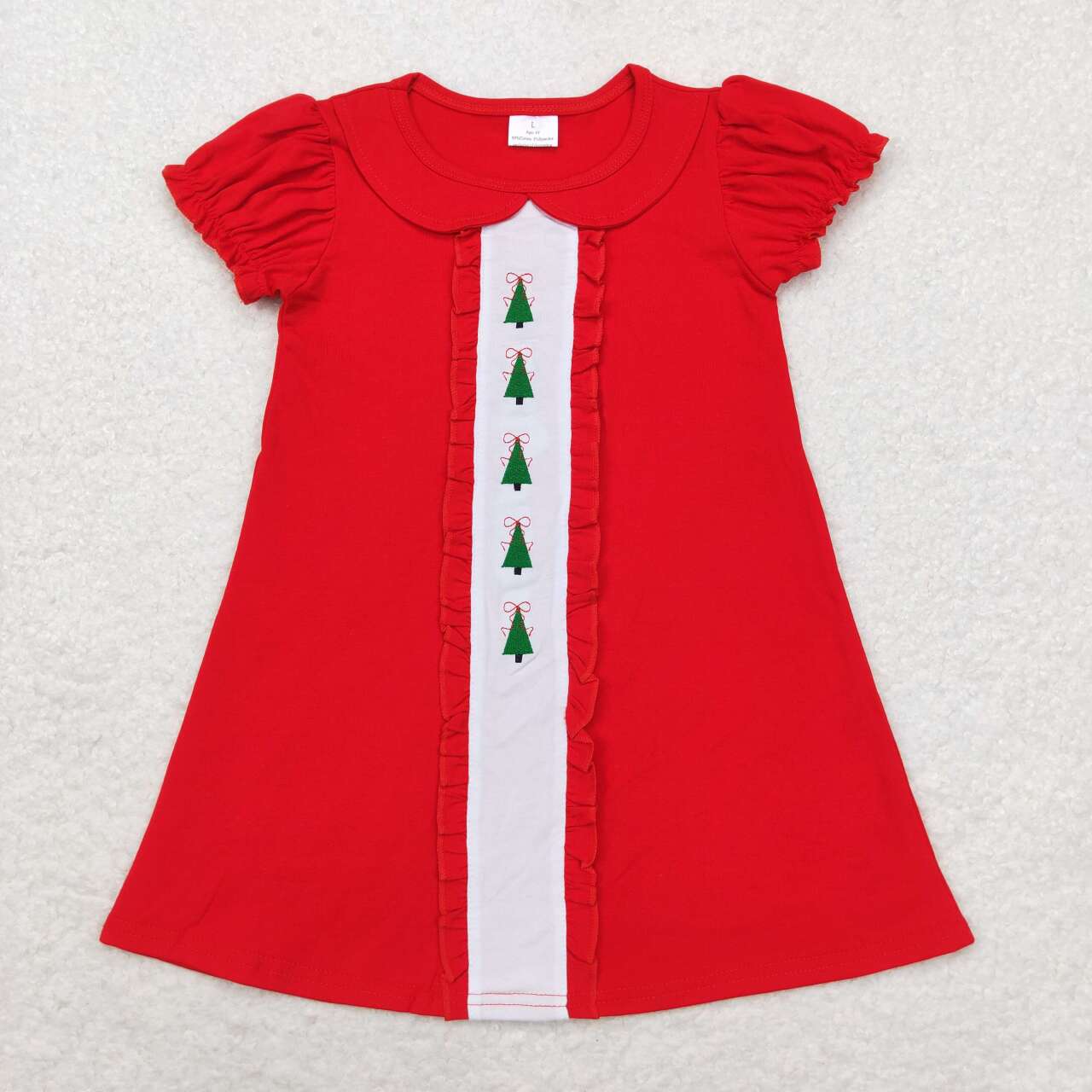 GSD1374 embroidery Christmas tree red short sleeve girls dress