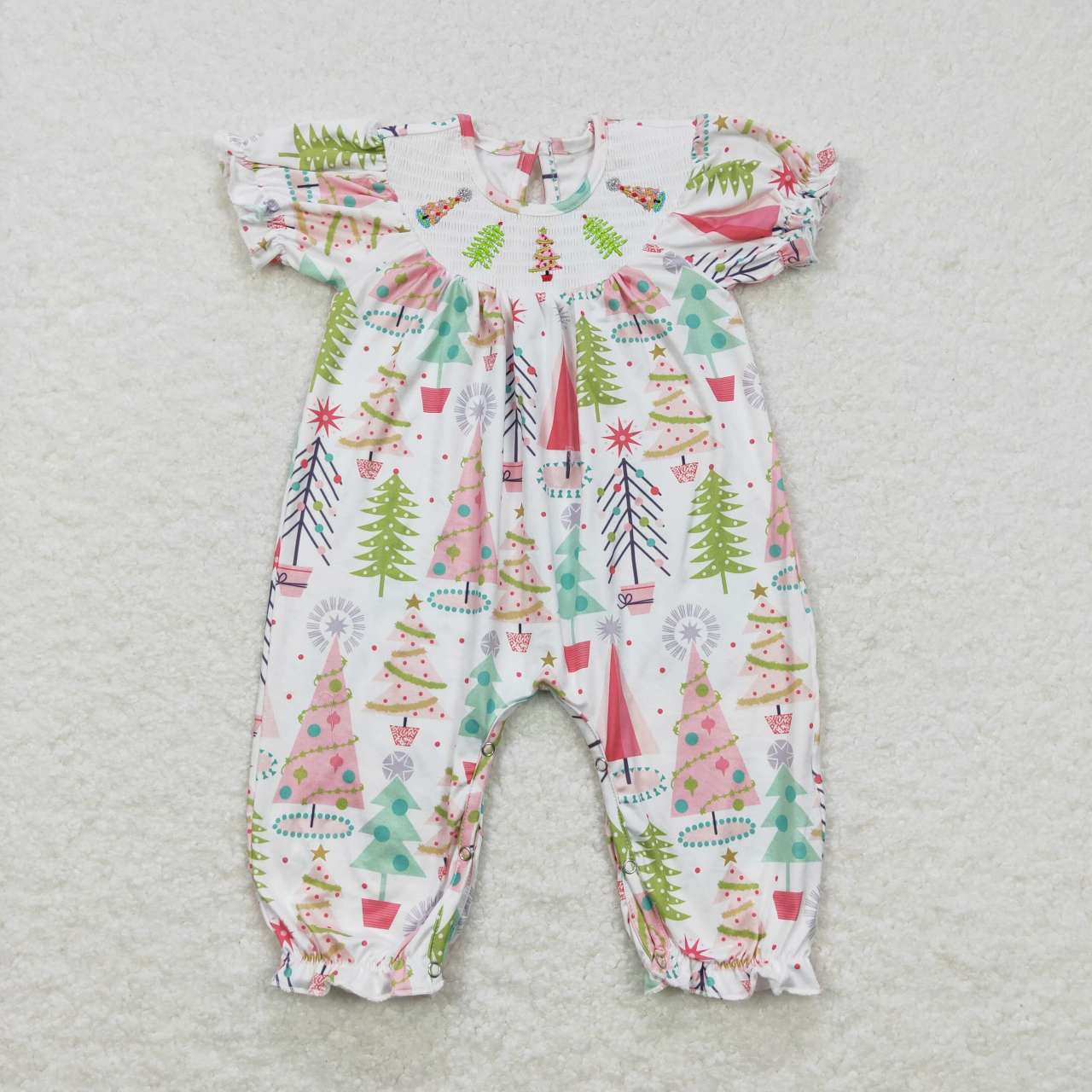 SR0419 Christmas Tree Smock Style Girls Romper