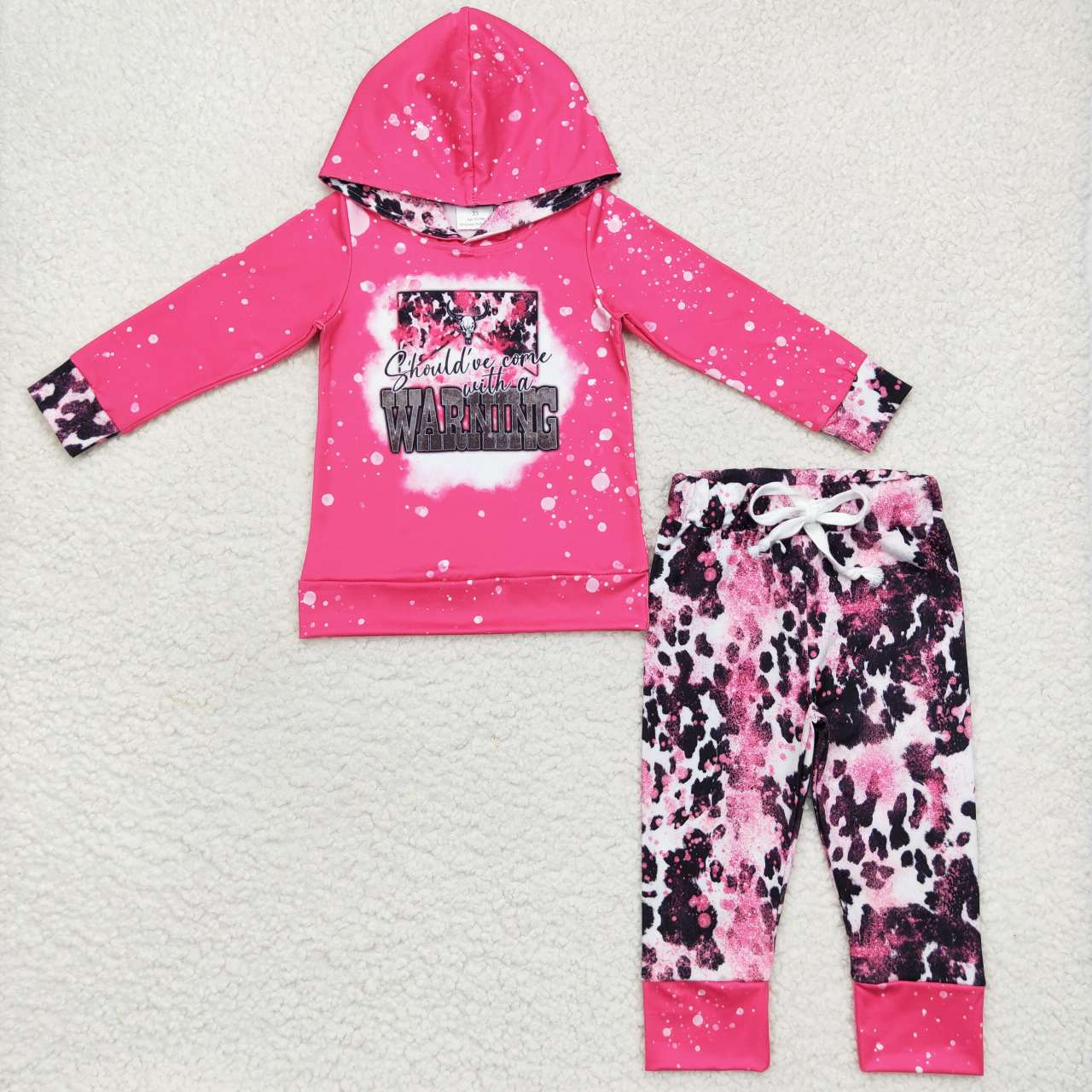 GLP0797 Warning cow hot pink hoodie ink pattern pants girls set