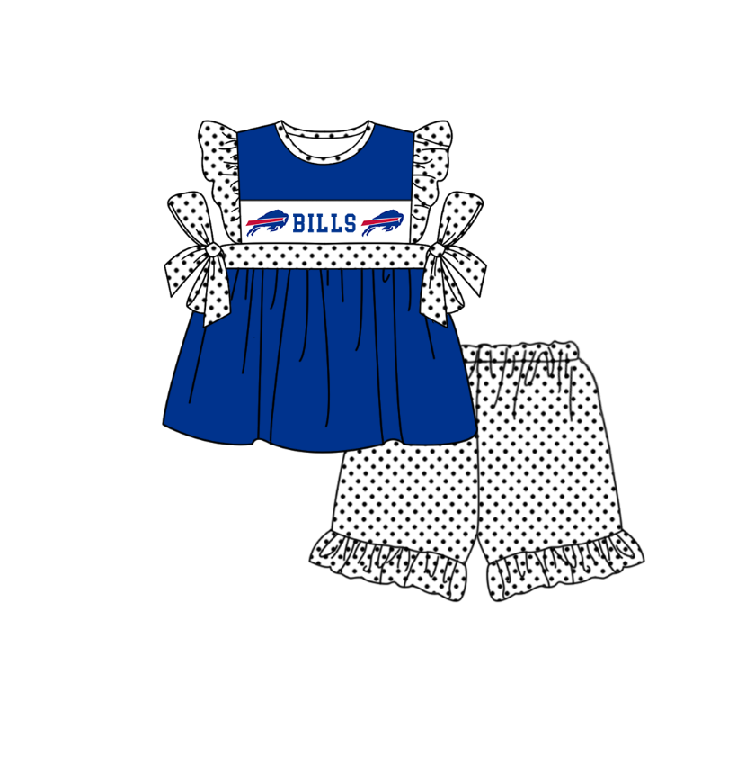 Custom Moq 3 Football Team Bills Blue Flutter Sleeve Shorts Girls Set