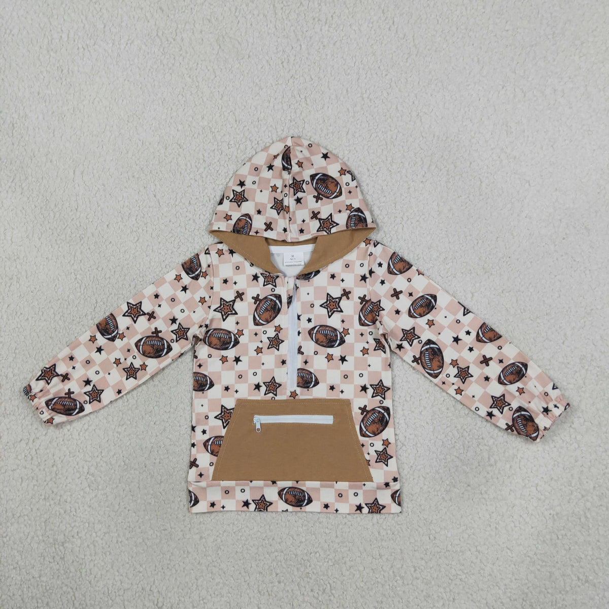 BT1318 football star khaki checkered pocket hoodie long sleeve boys top
