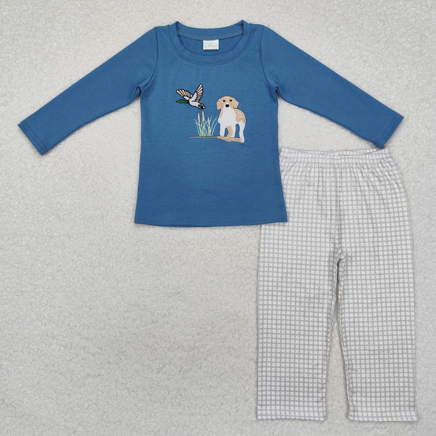embroidery BLP0919 hunting mallard duck dog blue long sleeve checkered pants boys set
