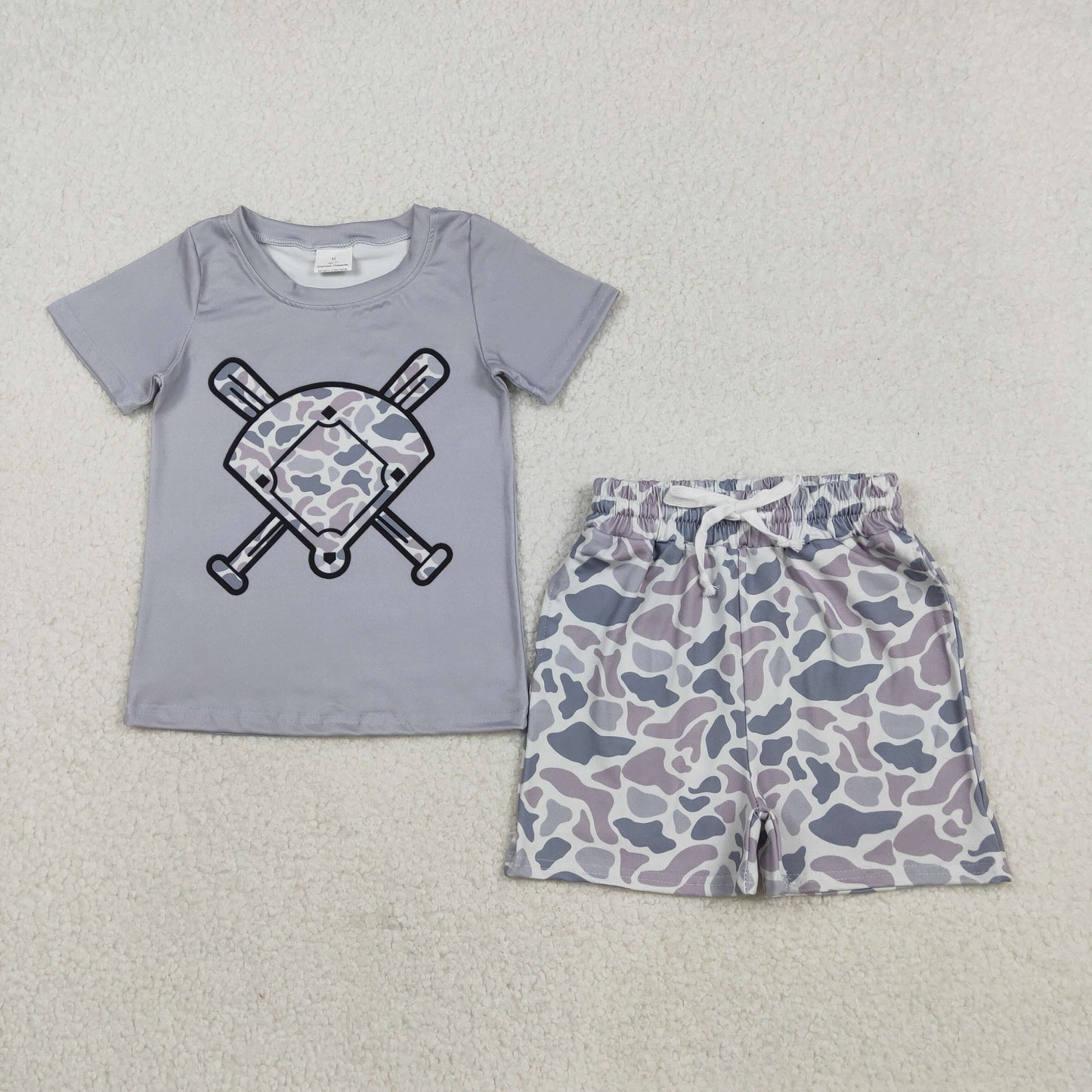 BSSO1589 hunting baseball camo short sleeve camo shorts boys set