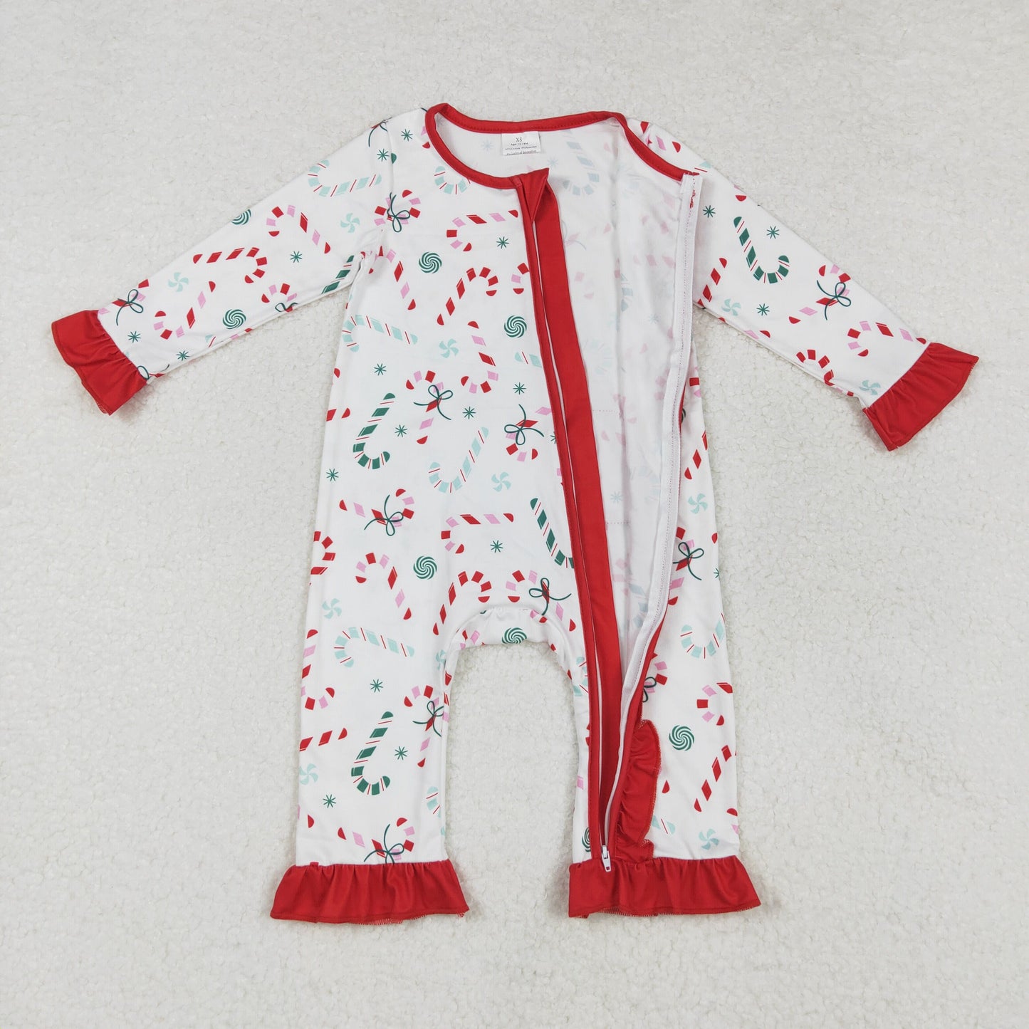 LR1842 Christmas cane candy red long sleeve zipper girls romper