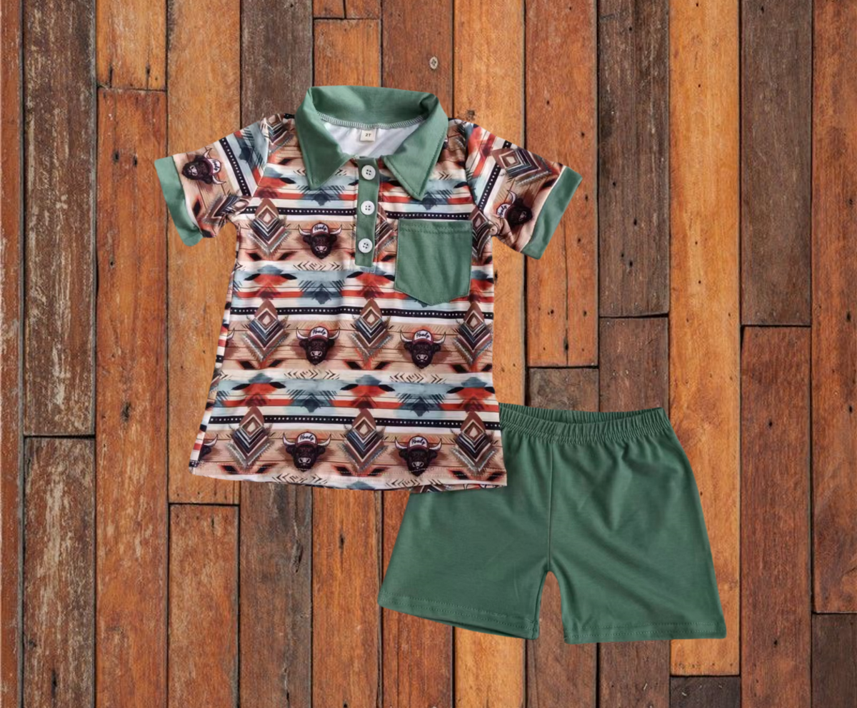 custom moq 3 Western highland cow Aztec pocket short sleeve green shorts boys set