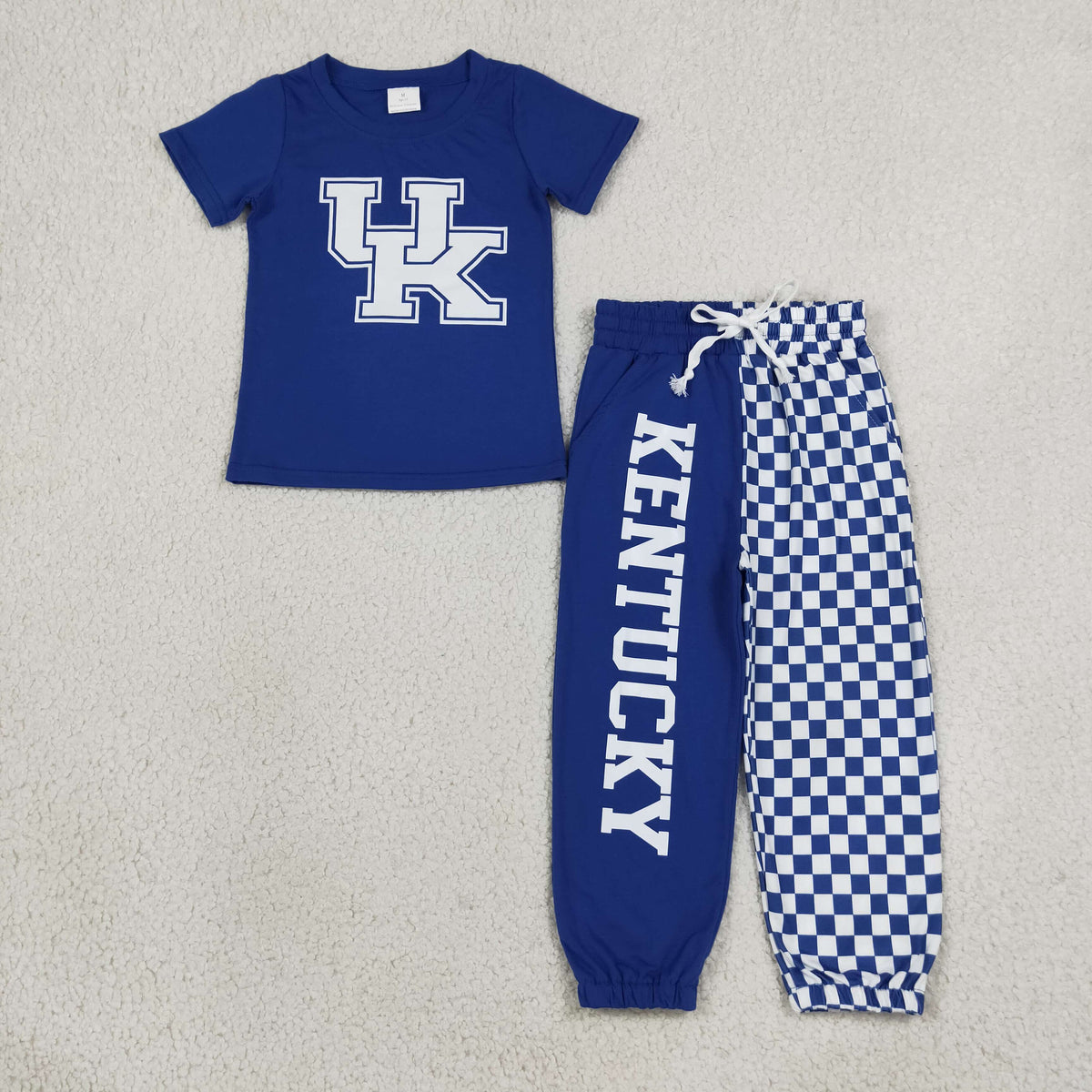 BSPO0696 Offset Printing KENTUCKY Blue Short Sleeve Checkered Pants Boys Set