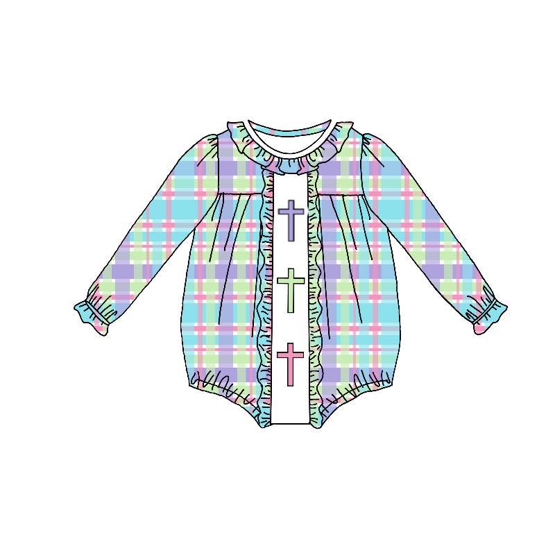Custom Easter Cross Colorful Checkered Long Sleeve Girls Romper