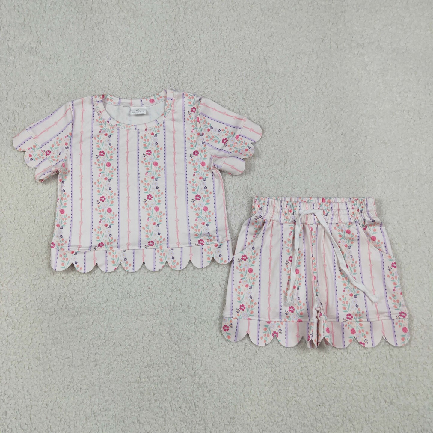 GSSO3411 Pink Flowers Short Sleeve Shorts Girls Set