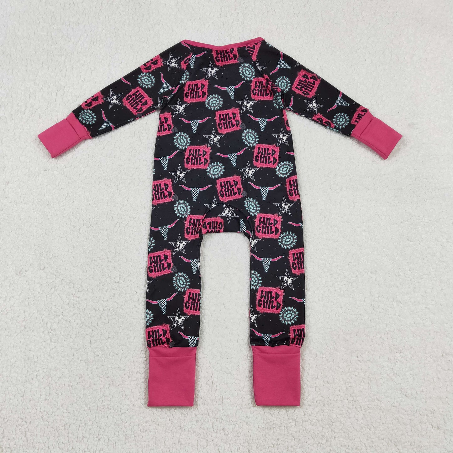 LR2962 Western Wild Child Turquoise Hot Pink Zipper Long Sleeve Girls Romper