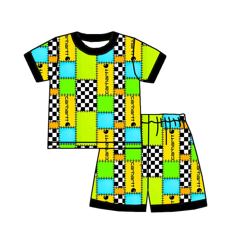 custom style bamboo yellow patchwork check printing short sleeve shorts boys set