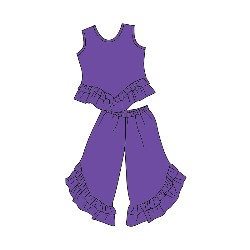 custom trendy purple sleeveless pants girls ruffles set