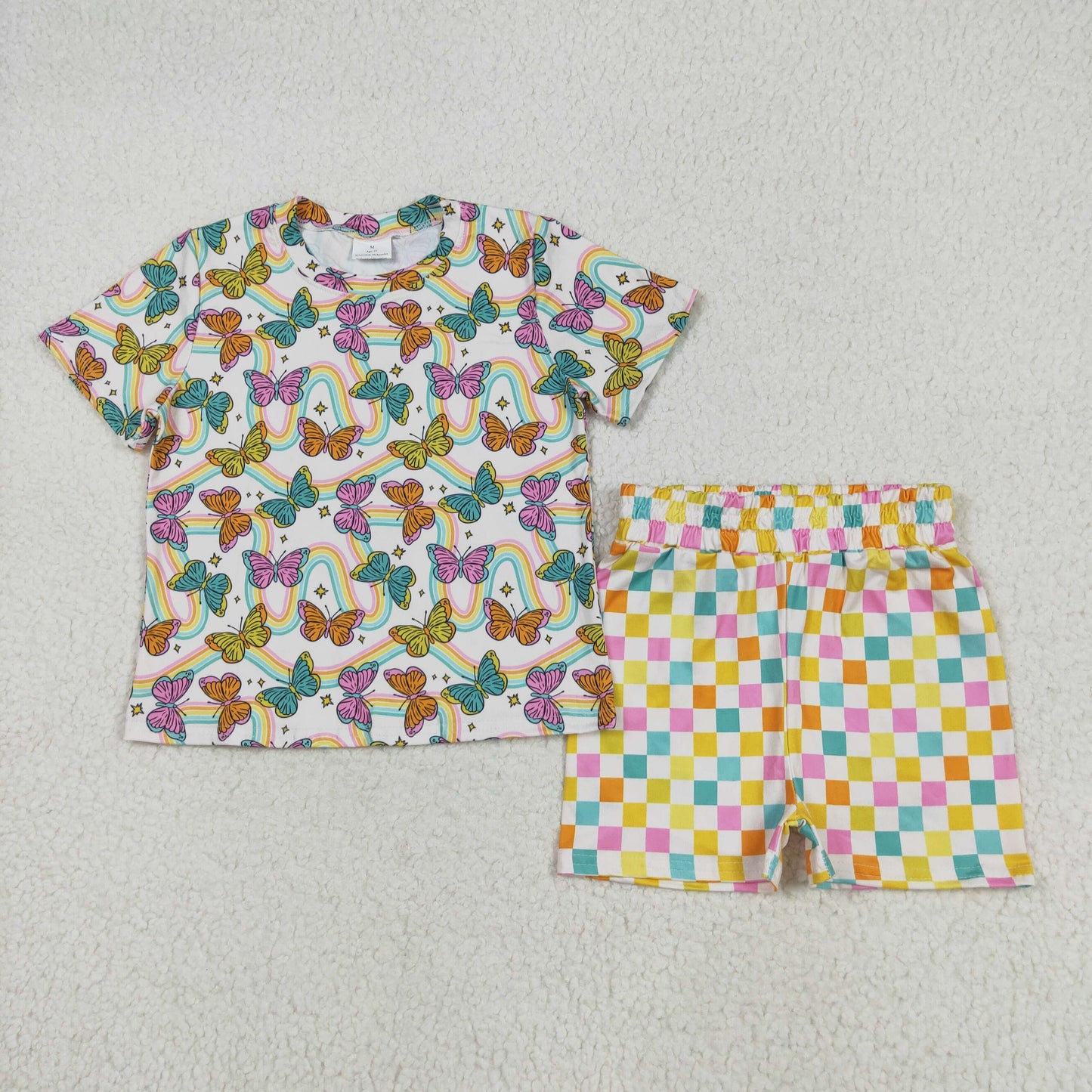 GSSO2615 colorful butterfly rainbow short sleeve checkered shorts girls set