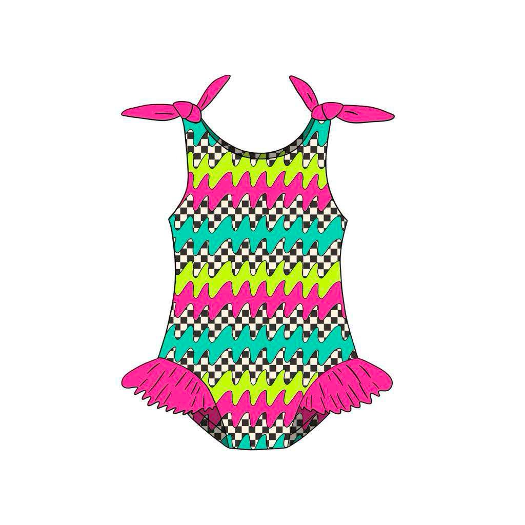 custom ice black checkered girls bathing swimsuits