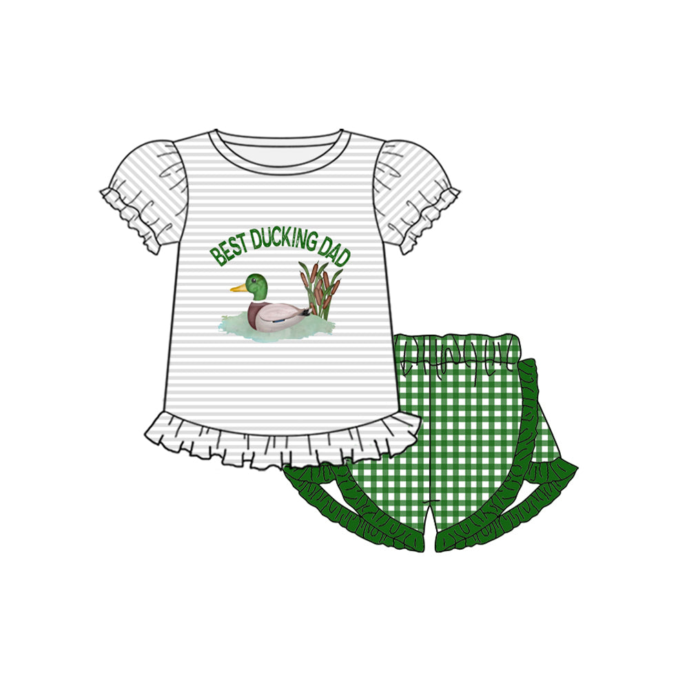 preorder GSSO0686 Best ducking dad striped short sleeve green checkered shorts girls set