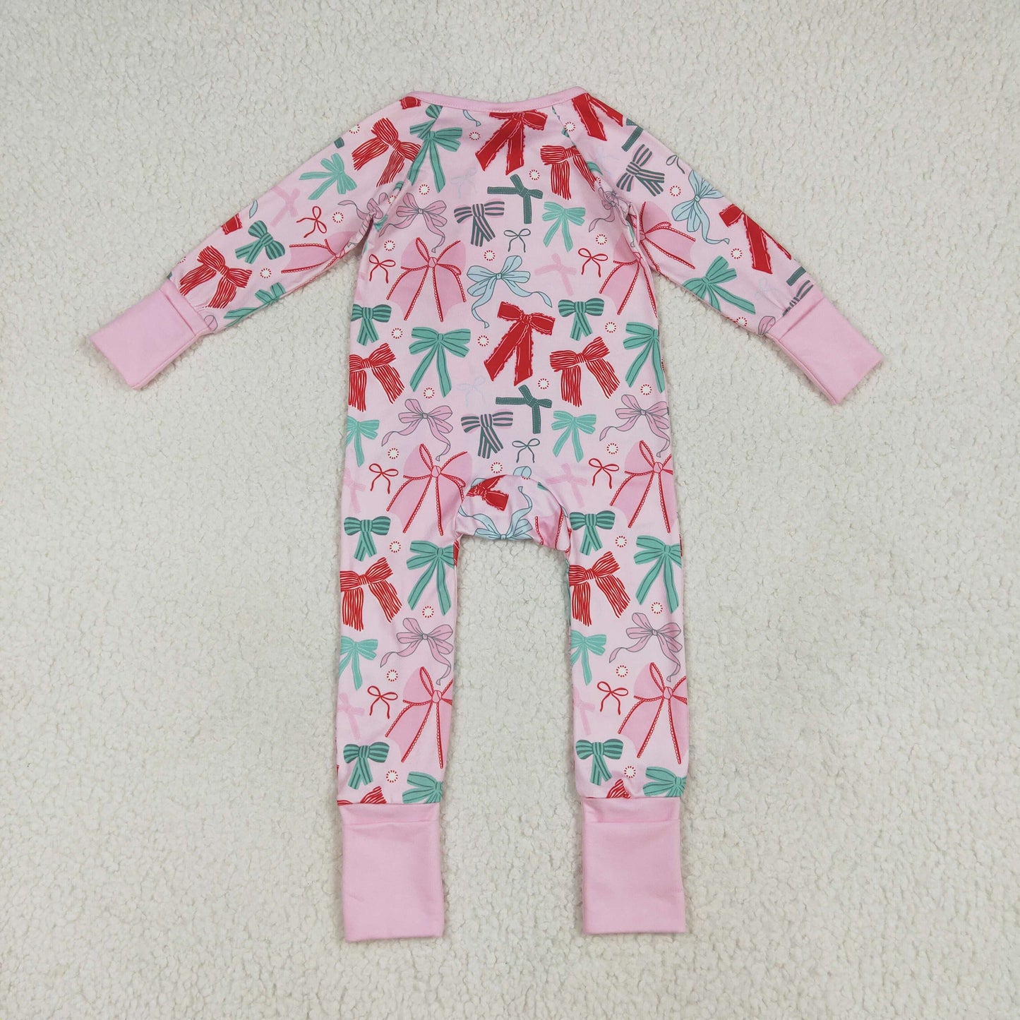 Custom moq 20 bamboo red green bows pink long sleeve zipper girls romper