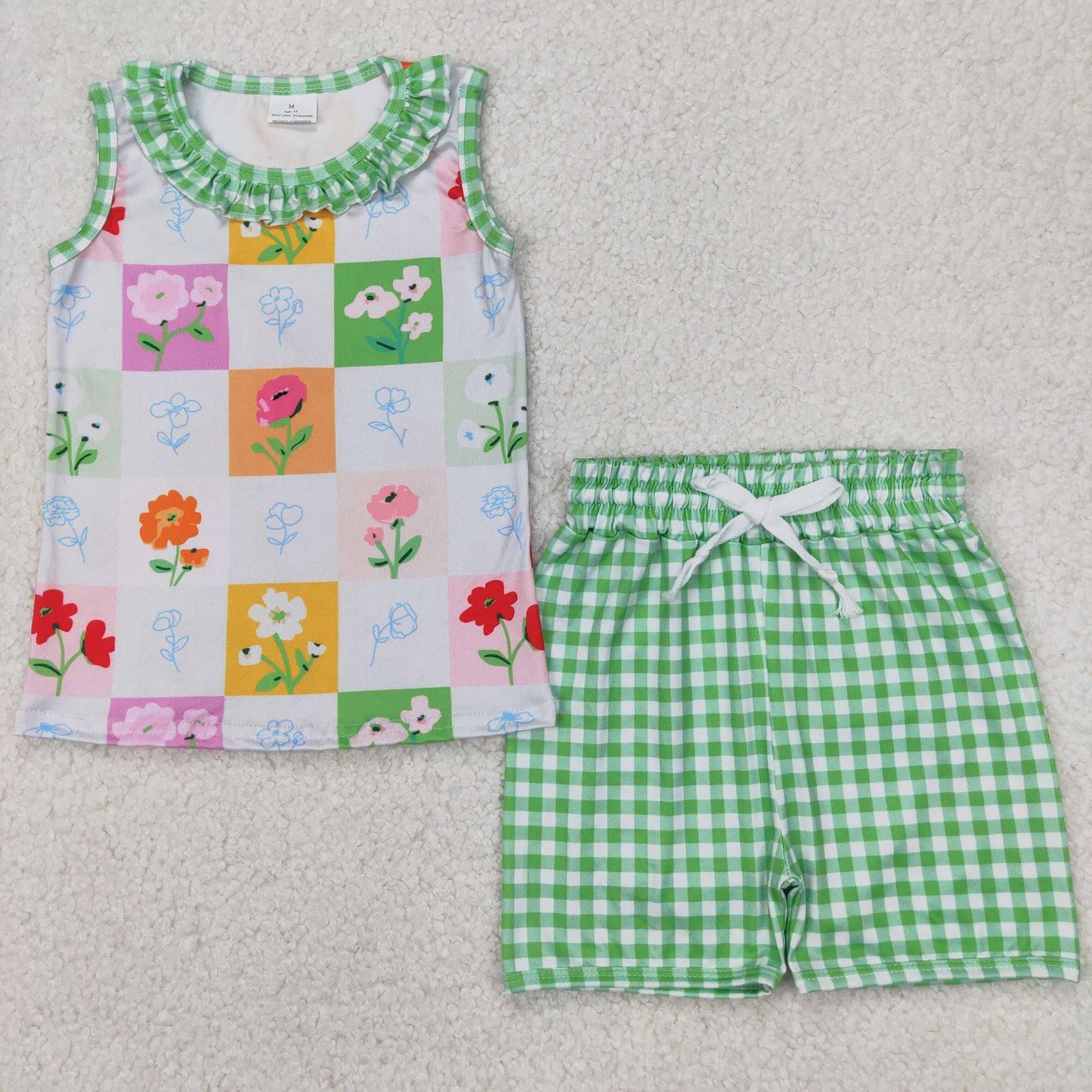 GSSO2415 colorful flowers sleeveless green checkered shorts girls set