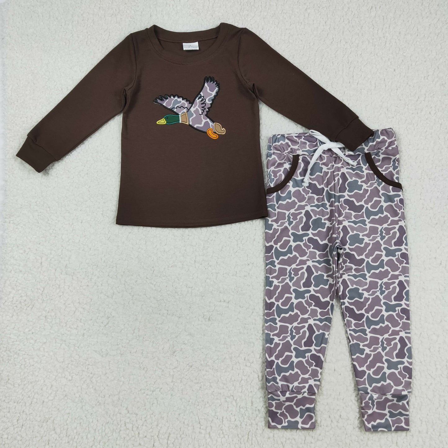 embroidery BLP1123 hunting mallard duck brown long sleeve camo pants boys set