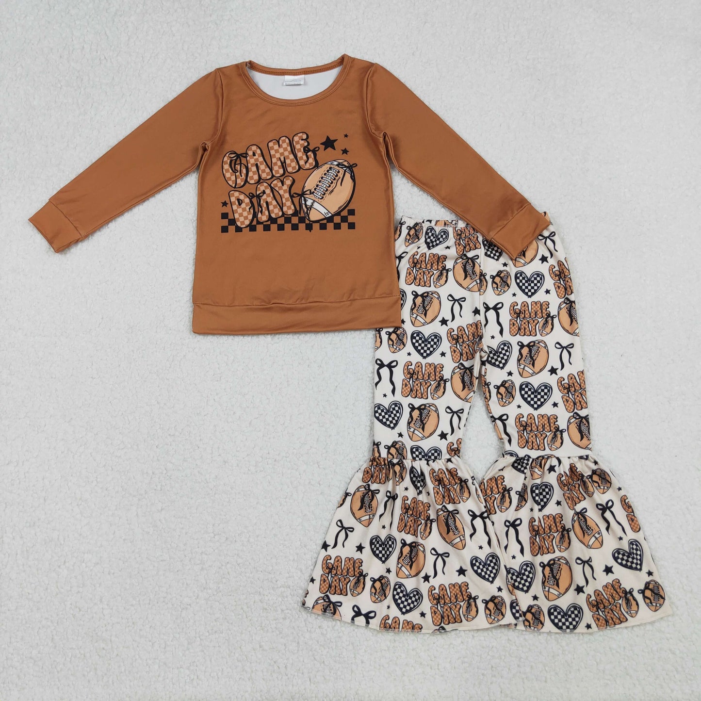 GLP2721 football game day heart bows long sleeve pants girls set