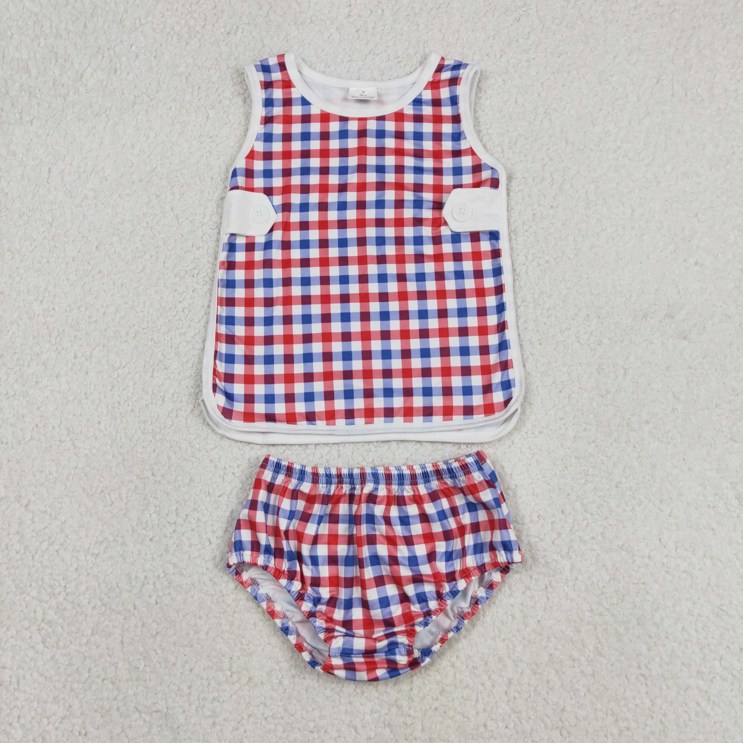 GBO0530 July 4th Red Blue Checkered Sleeveless Girls Bummies Set