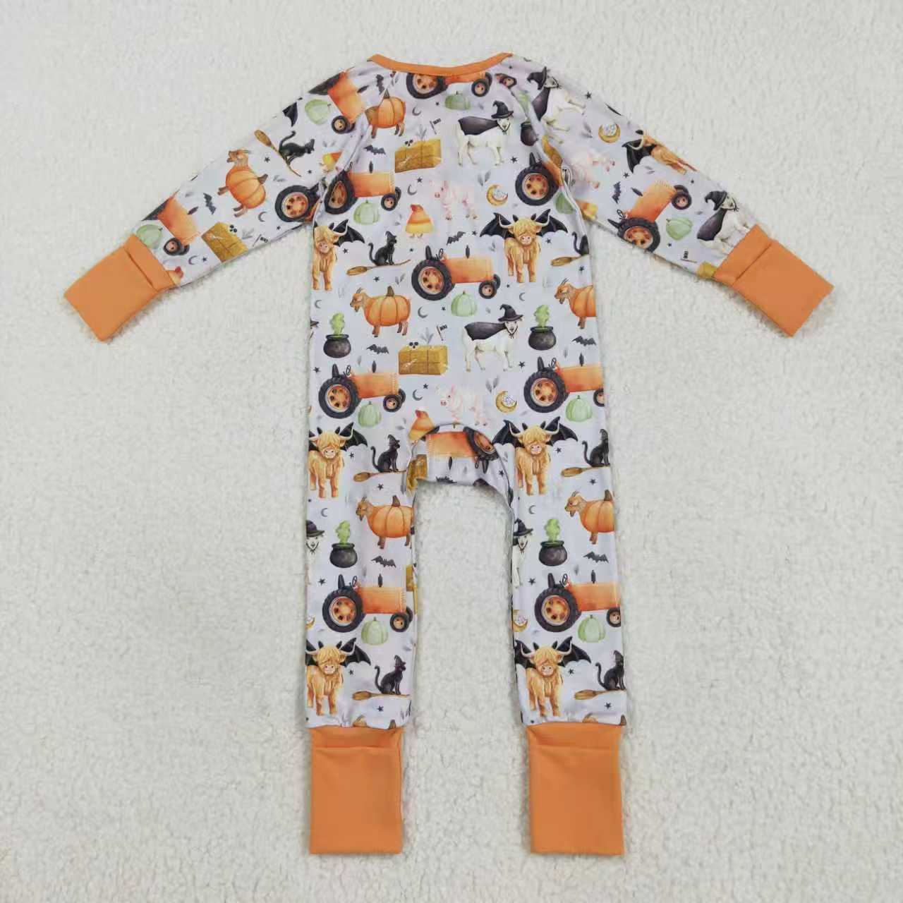 Halloween farm tractor highland cow romper/pajamas RTS Sibling Clothes