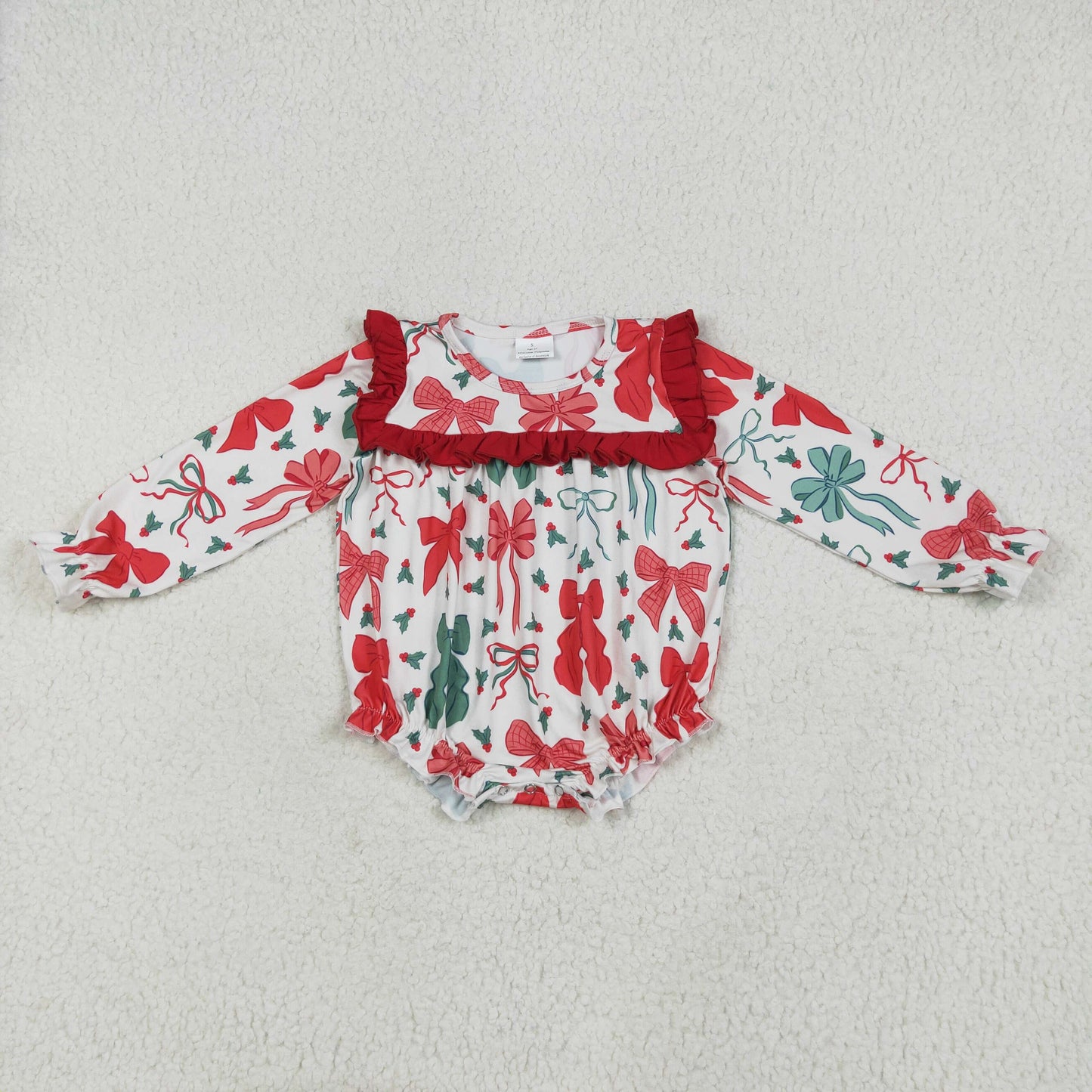 LR2209 Christmas red green bows ruffles long sleeve girls romper