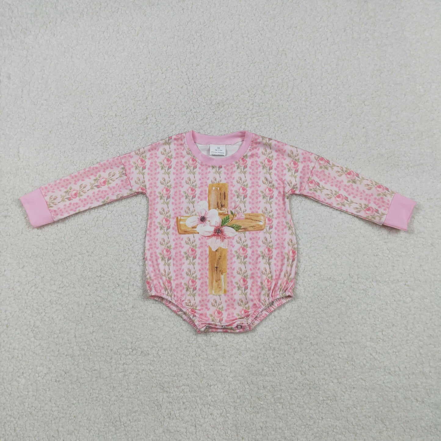 LR2837 Easter cross pink flowers long sleeve girls romper
