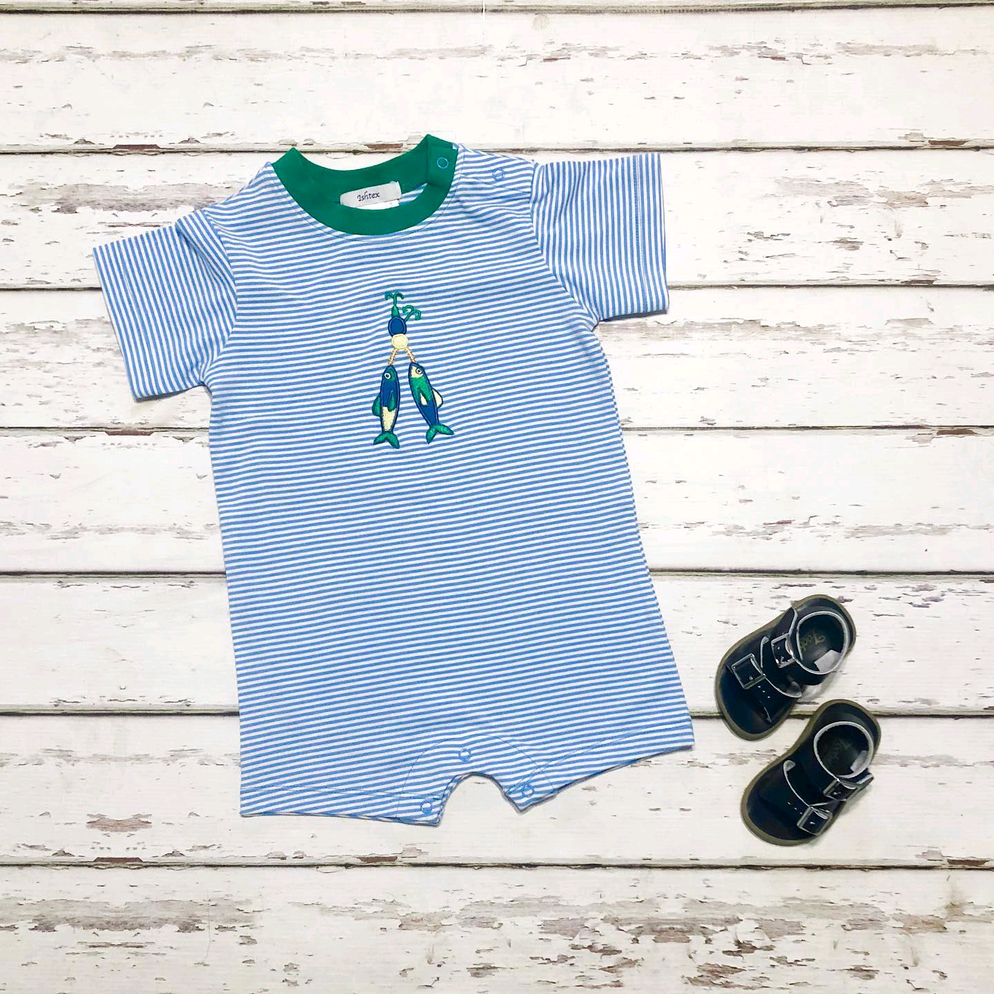 preorder SR2164 hunting fishing blue striped short sleeve boys romper
