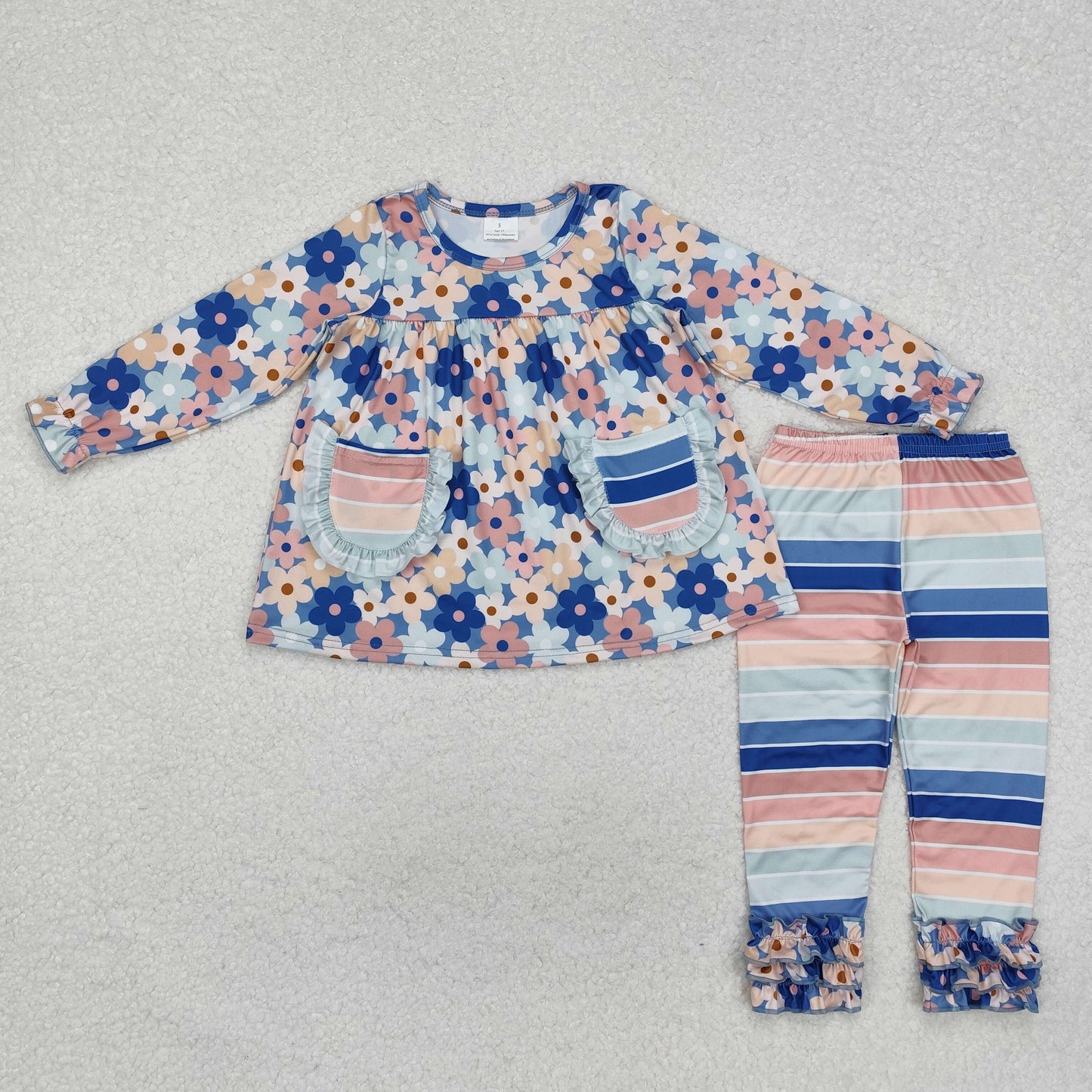 GLP2144 colorful flowers long sleeve blue striped pants girls set