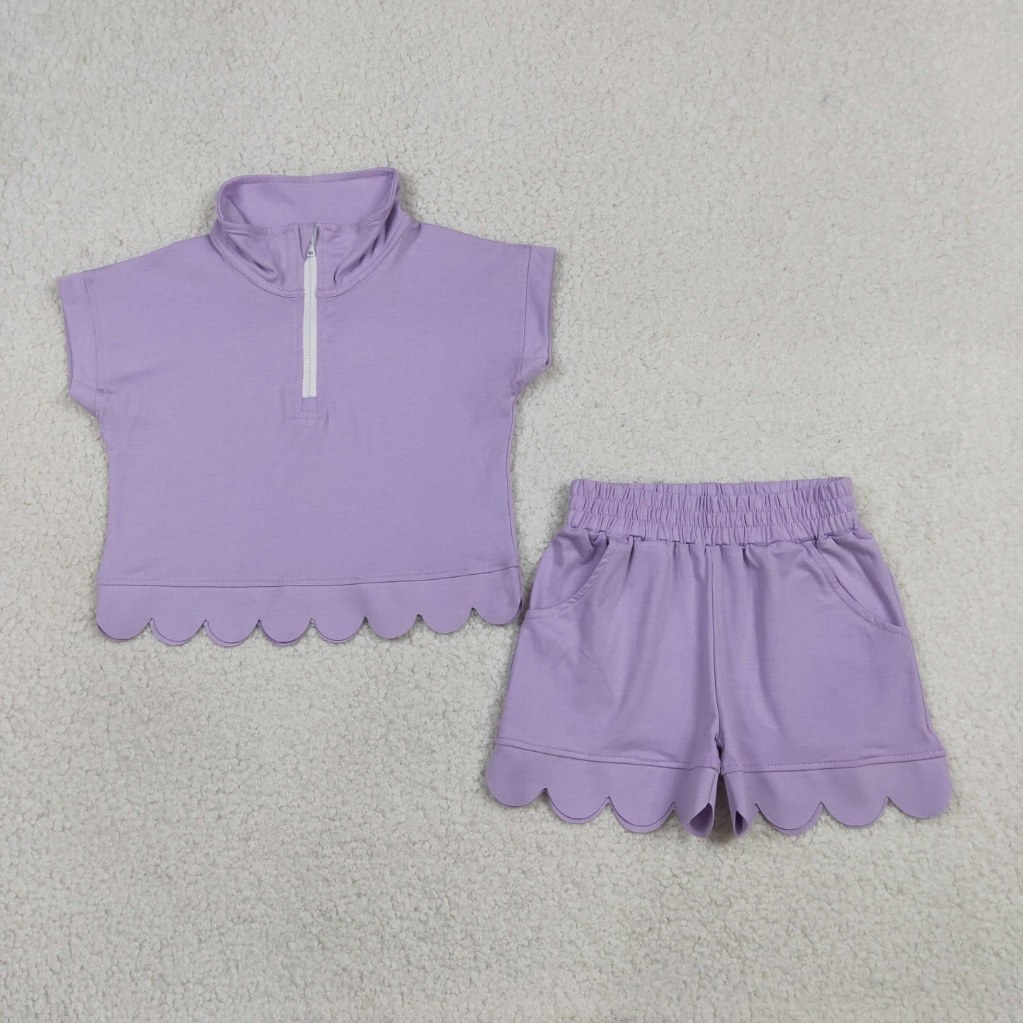 GSSO3377 Scallop Purple Zipper Short Sleeve Shorts Girls Set